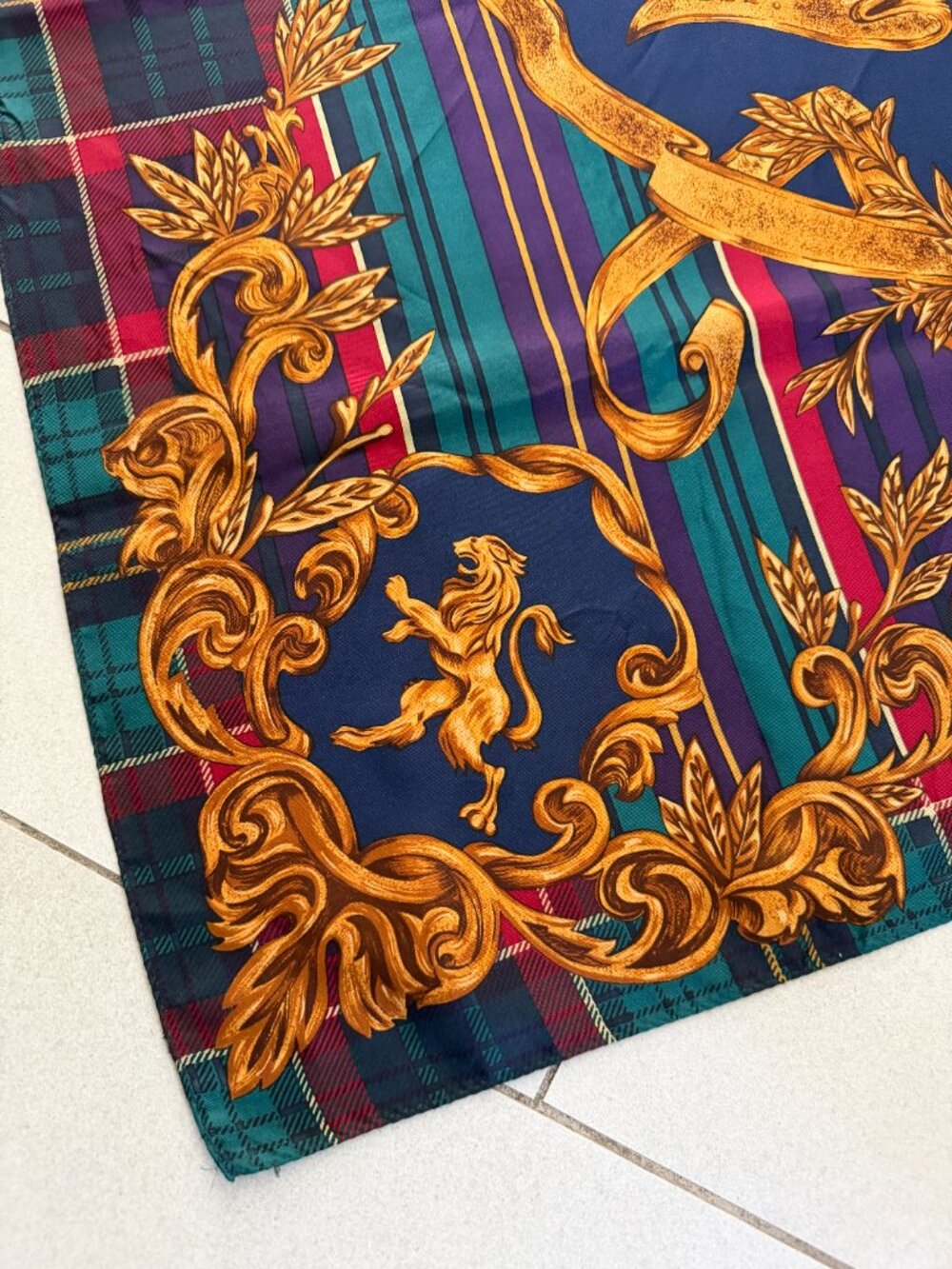 80's 90's Ralph Lauren Lion Crest Tartan & Stripe Silk Scarf - Picture 4 of 5